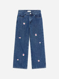 Embroidered Wide Leg Jeans - Blue