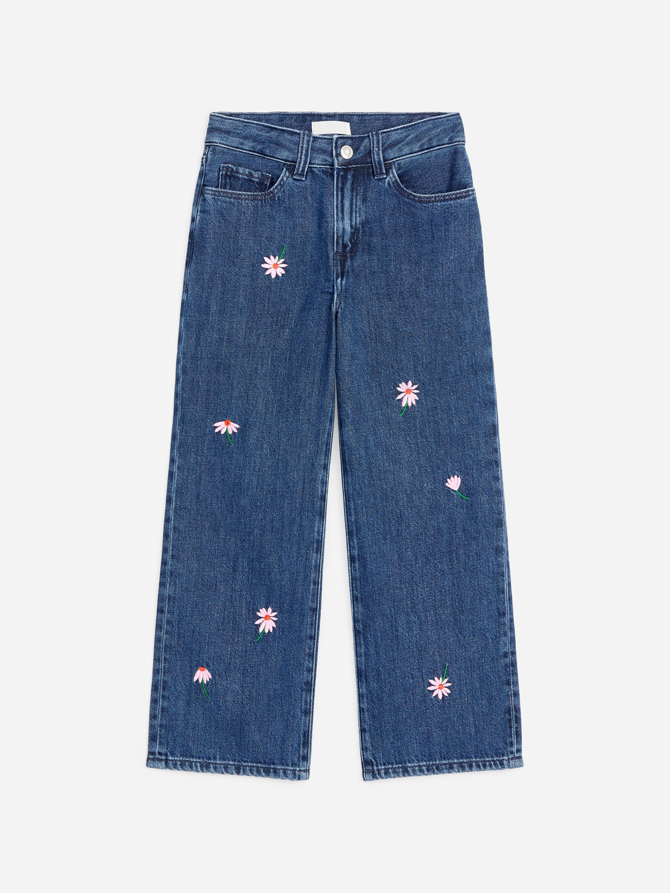 Embroidered Wide Leg Jeans - Blue